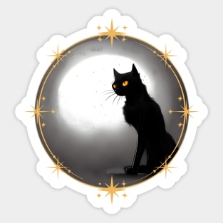 Mysterious black cat full moon in dark atmosphere with stars frame Sticker